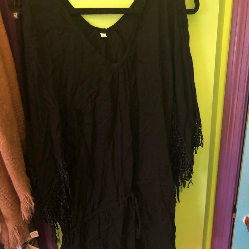 Black fringe cover-up or dress open shoulder